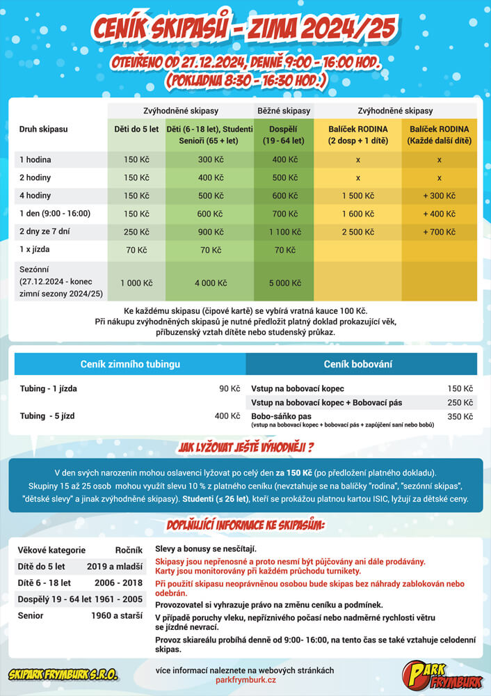 Ceník Park Frymburk Zima 2023-24