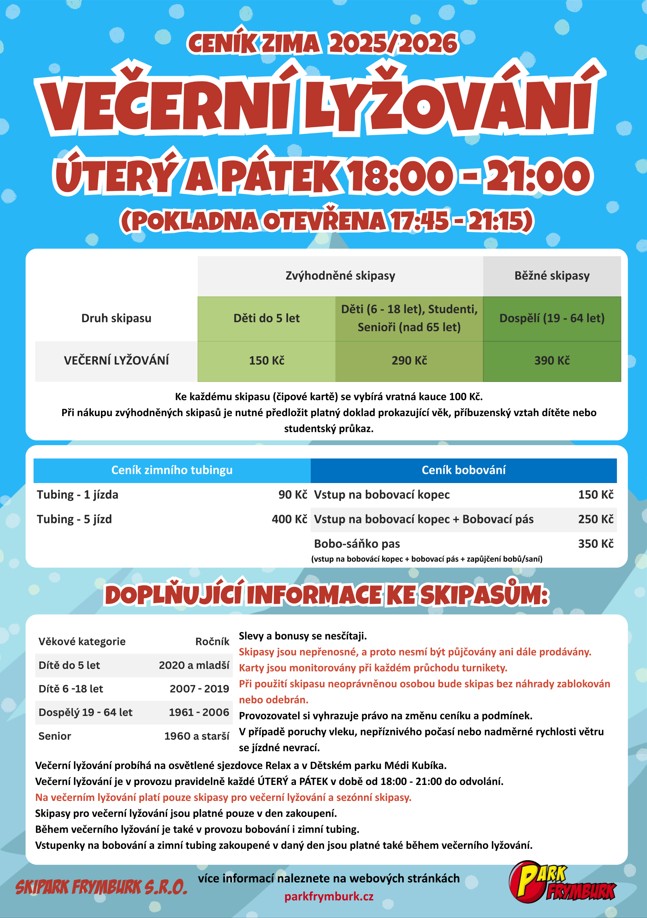 Ceník Park Frymburk Zima 2025-26 Večerní lyžování
